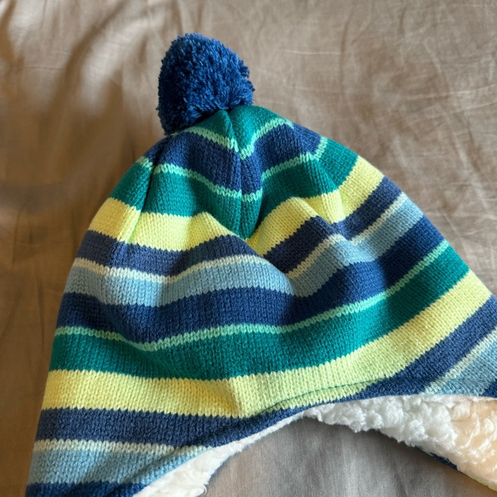 NWT Land’s End Peruvian Trapper Winter Hat Size XS/S Blue Green Stripes Fleece - Picture 3 of 8